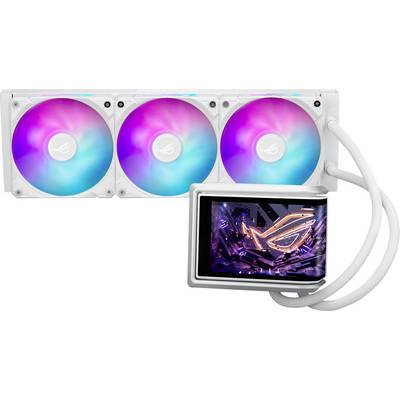 Ein weißes Flüssigkeitskühlungssystem mit drei RGB-Lüftern und einem Display-Bildschirm, auf dem ein leuchtendes Logo angezeigt wird. Konzipiert für Gaming-Computer-Setups.