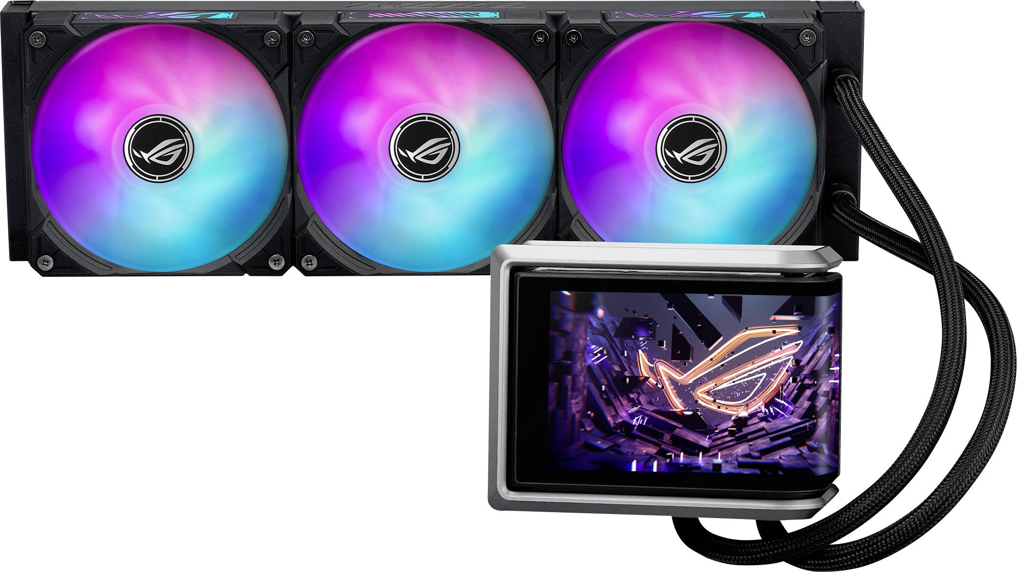 „ROG"-Flüssigkühlsystem mit drei RGB-Lüftern und einem digitalen Display, das das „ROG"-Logo inmitten farbiger Lichteffekte anzeigt.