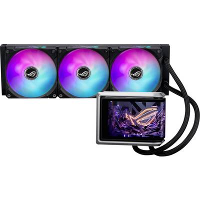 „ROG"-Flüssigkühlsystem mit drei RGB-Lüftern und einem digitalen Display, das das „ROG"-Logo inmitten farbiger Lichteffekte anzeigt.