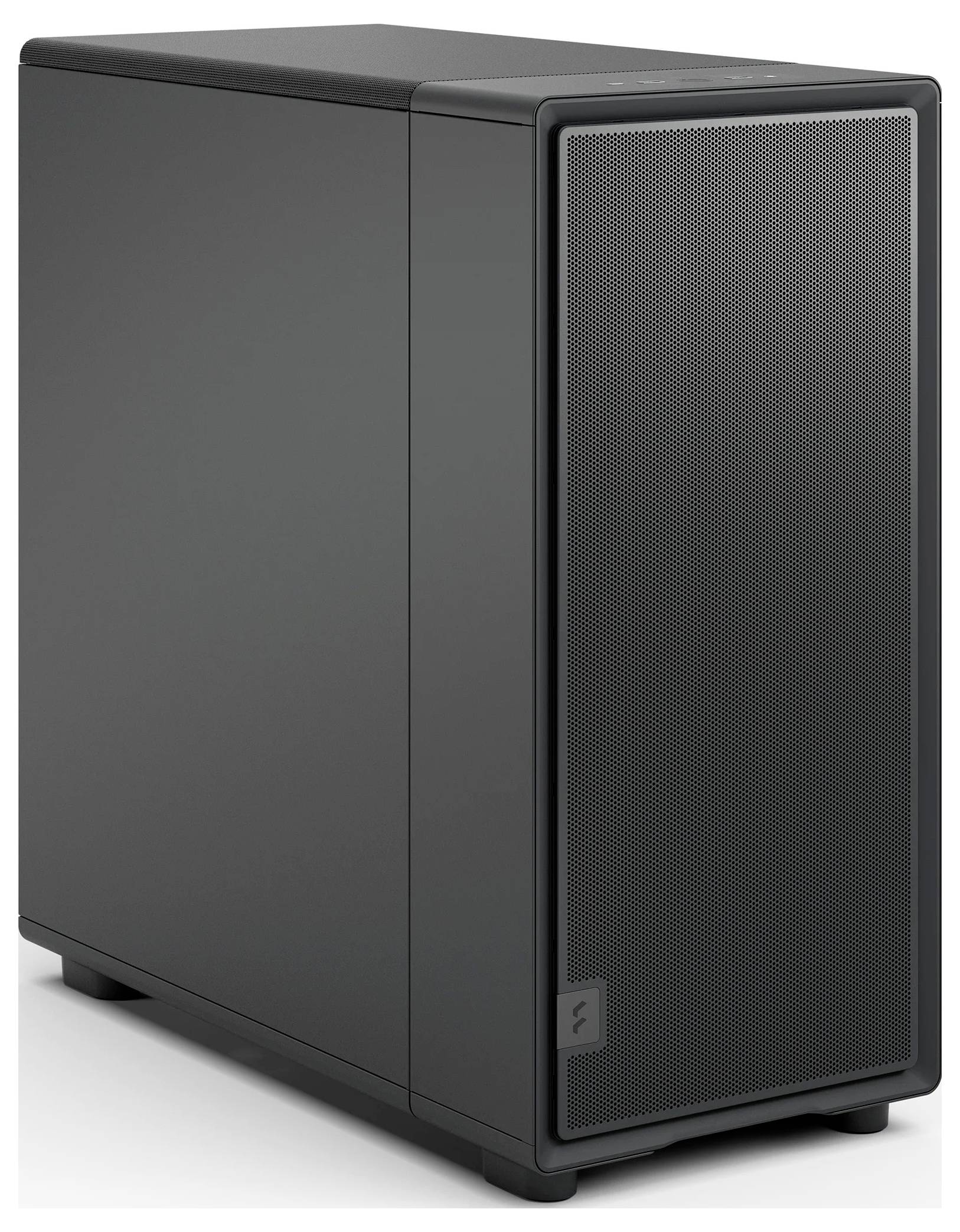 Ein schwarzer Computer-Tower mit einer Mesh-Frontplatte und minimalistischem Design, platziert auf weißem Hintergrund.