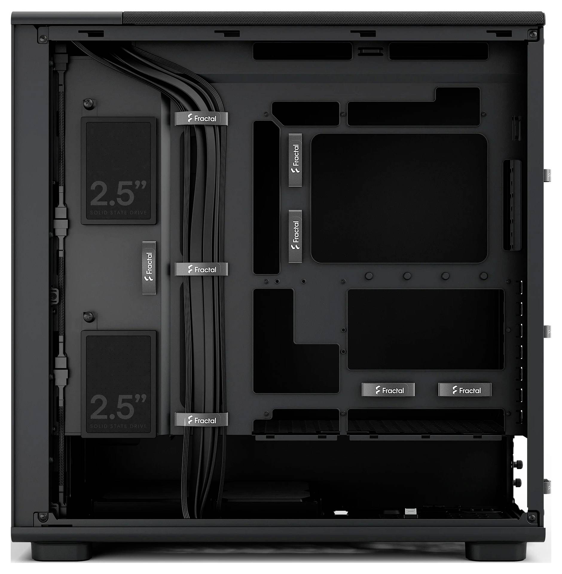 'Fractal Design Computer-Gehäuseinneres, das Kabelmanagement-Kanäle und Steckplätze für 2,5"-Laufwerke zeigt und ein organisiertes Komponenten-Layout ermöglicht.'
