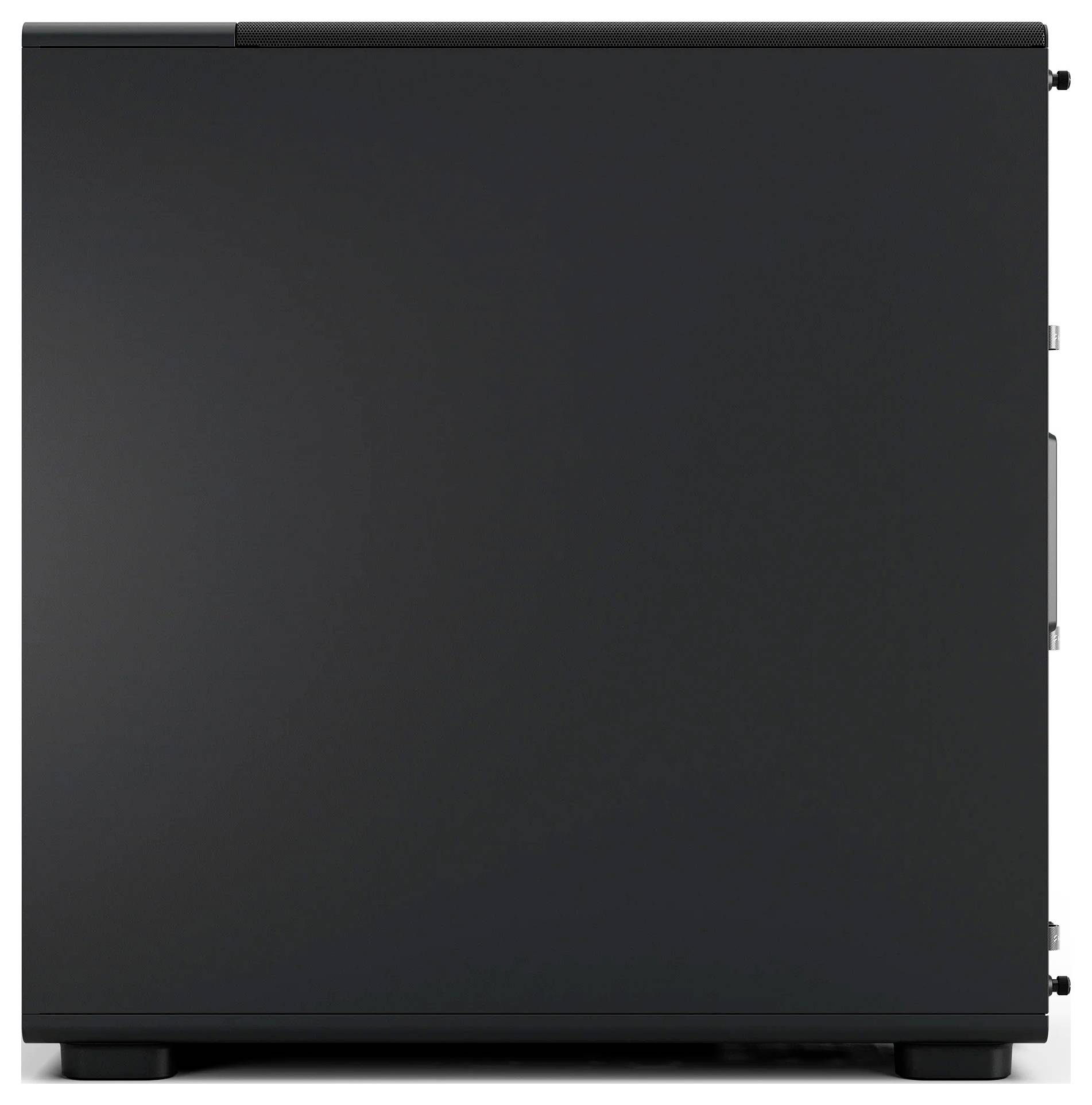 Ein schwarzes, minimalistisches Computergehäuse mit glatter Seitenwand, geschlossen, mit nach vorne gerichteten Bedienelementen und Anschlüssen, die auf dem Bild nicht sichtbar sind.