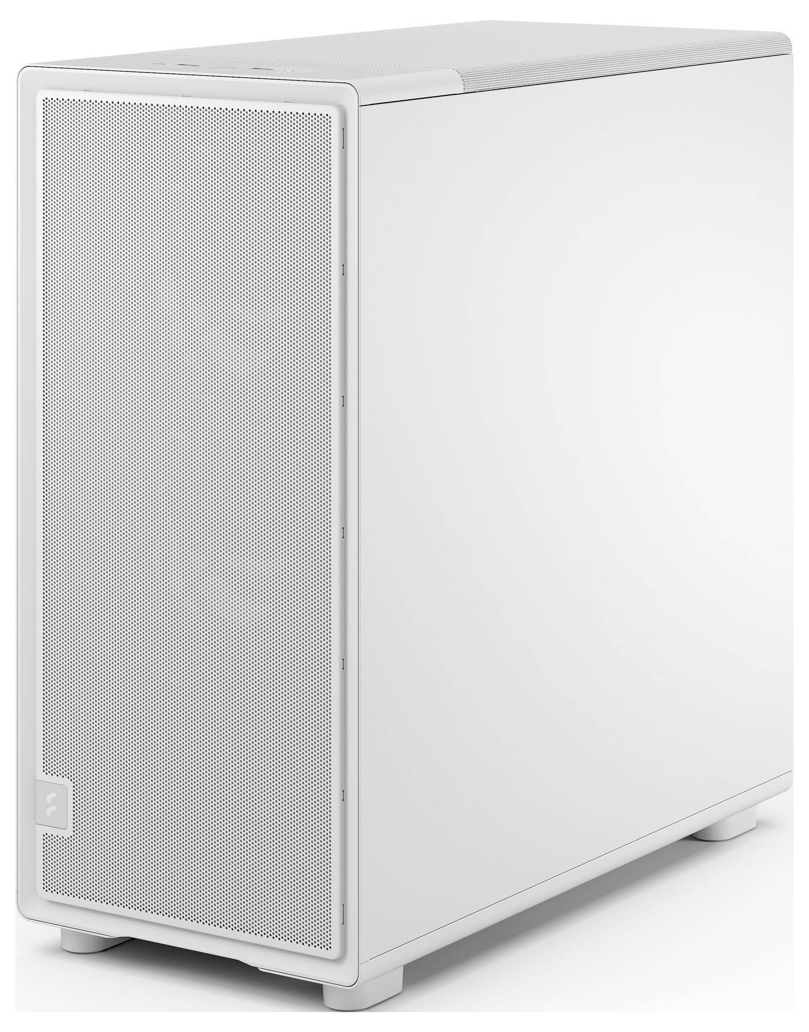 Ein schlanker weißer Computerturm mit Mesh-Frontblende, die ein minimalistisches Design aufweist und sich zur Unterbringung von PC-Komponenten eignet.