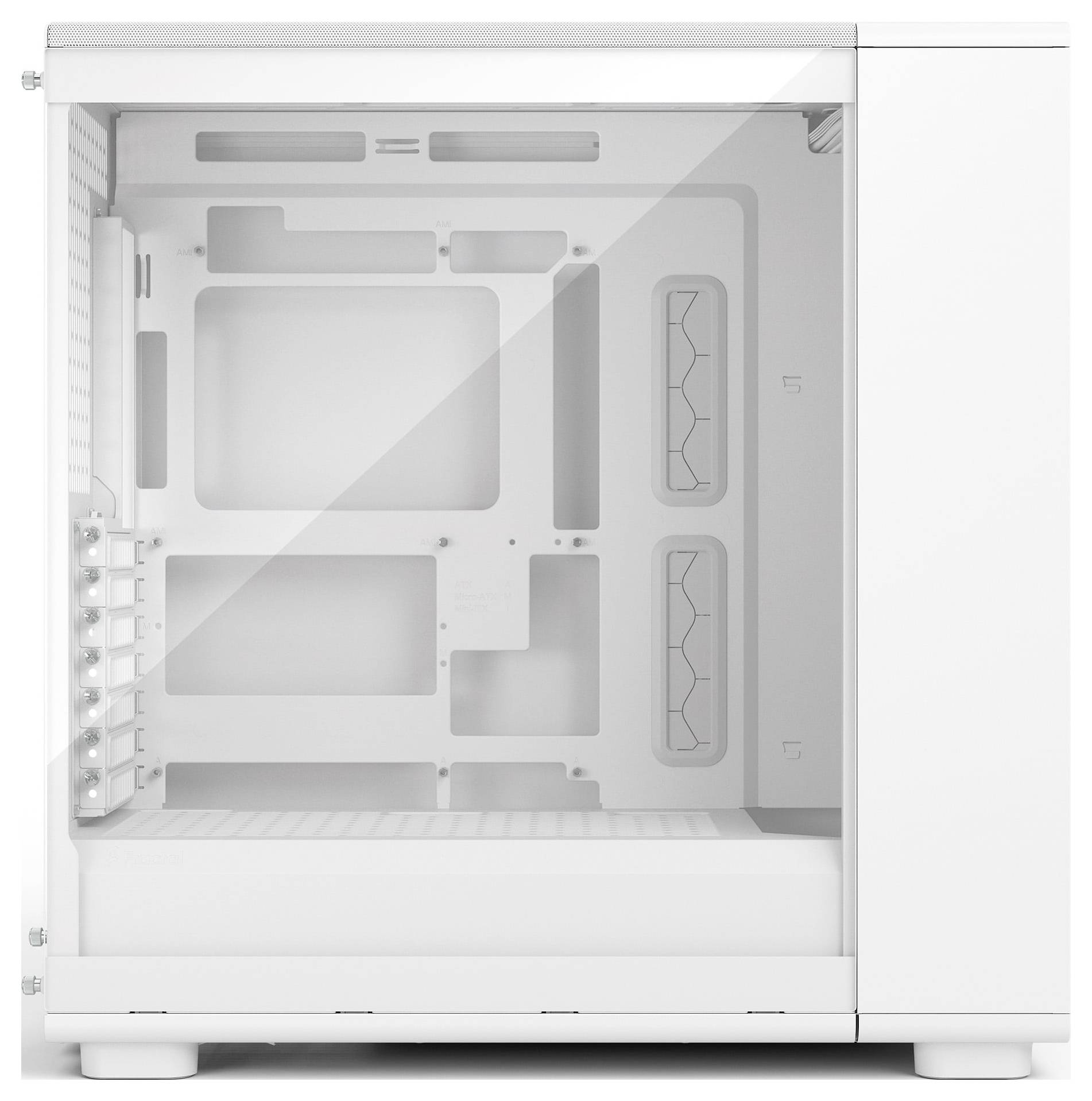 Weißes Computer-Gehäuse mit transparentem Seitenpanel, das einen leeren Innenraum mit Montageplätzen für Komponenten zeigt.