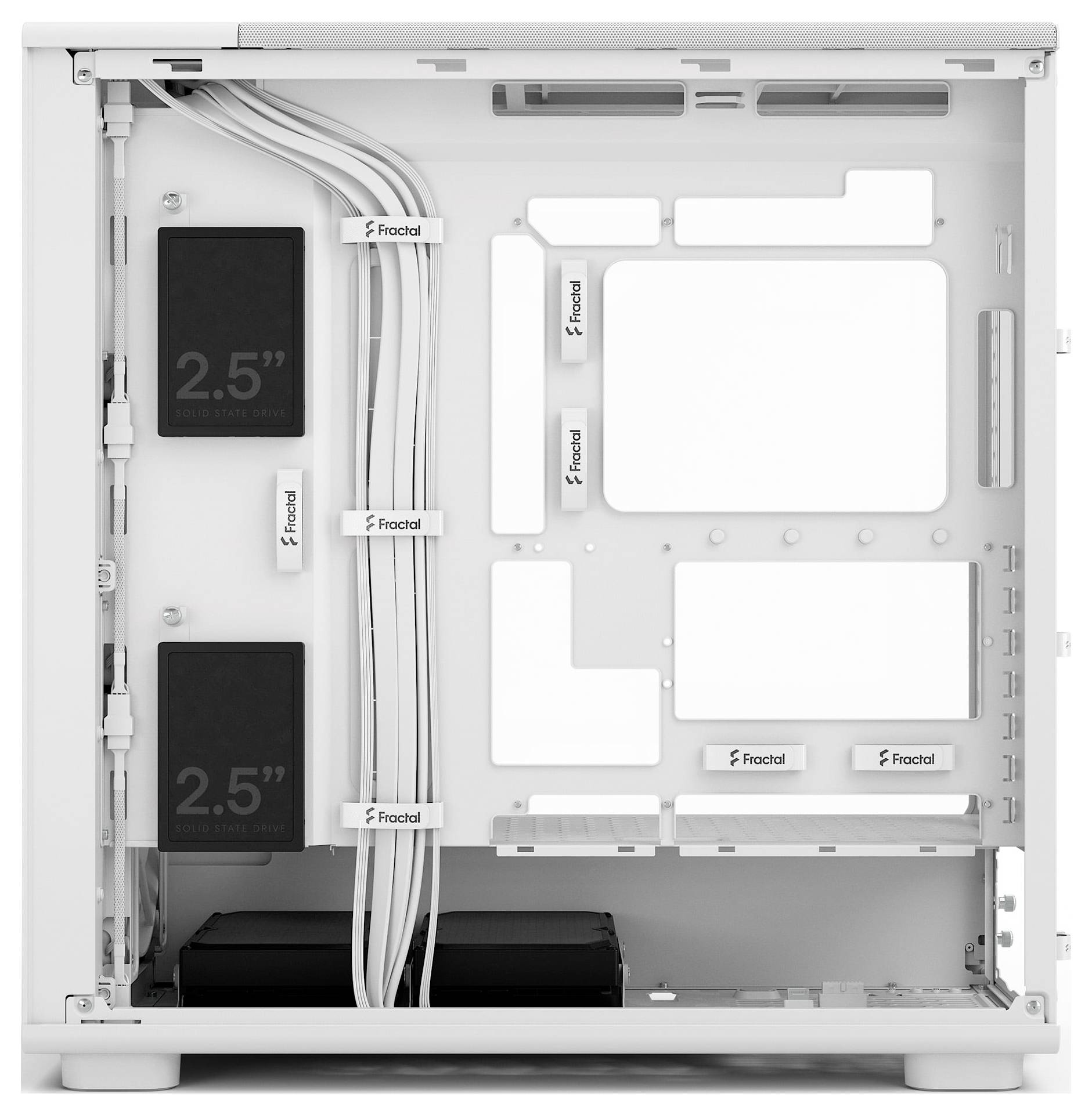 Ein offenes weißes Computergehäuse mit Befestigungen für zwei 2,5-Zoll-Laufwerke, Kabelmanagement-Kanäle und Platz für Hauptkomponenten.