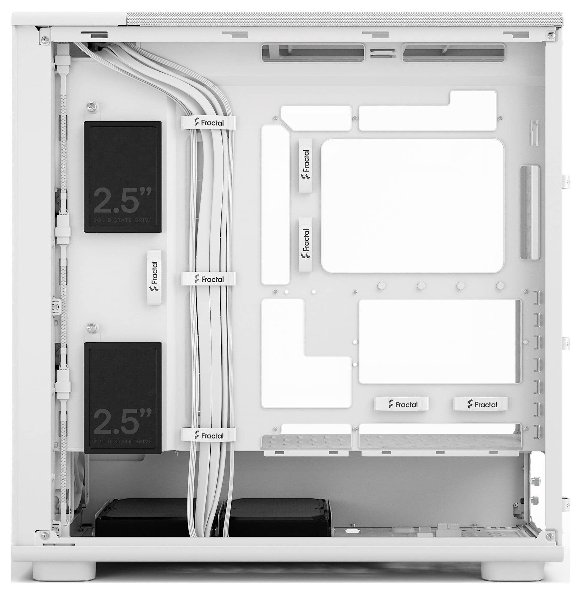 Ein Inneres eines weißen Computergehäuses mit Kabelmanagement-Wegen und mehreren Laufwerk-Montagepositionen, entwickelt für effiziente Montage.