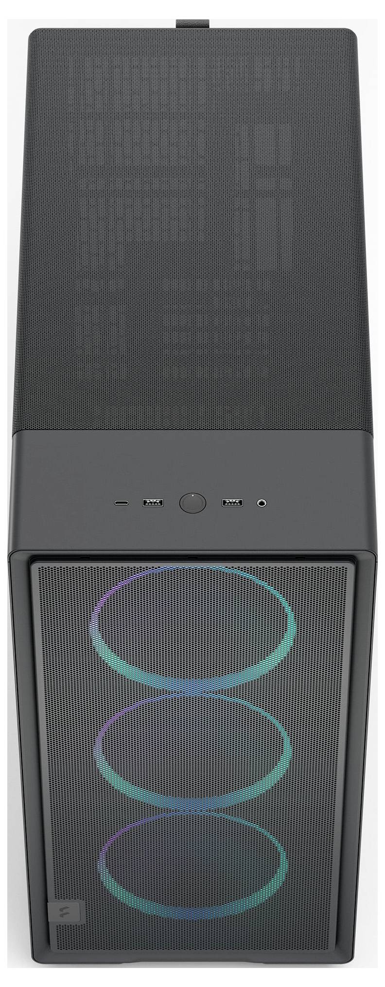 Ein schwarzes Computer-Gehäuse mit Mesh-Frontplatte, auf der drei kreisförmige RGB-beleuchtete Lüfter angebracht sind. USB-Anschlüsse sind an der oberen vorderen Kante sichtbar.