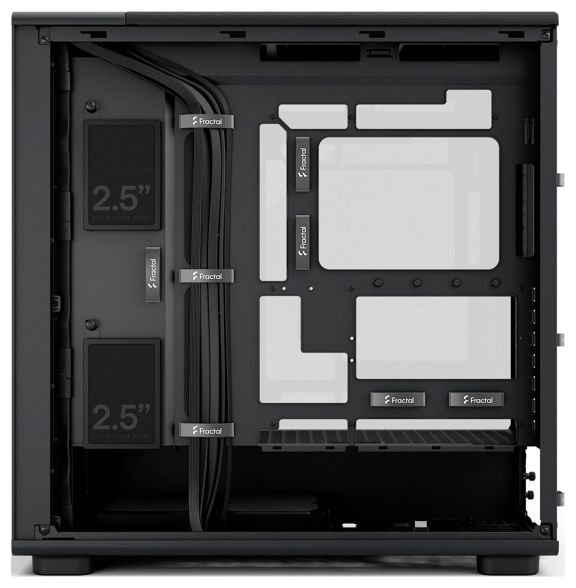 'Innenraum des PC-Computergehäuses mit Kabelmanagement-Kanälen, zwei sichtbaren 2,5-Zoll-Laufwerk-Halterungen und Fractal-Branding.'