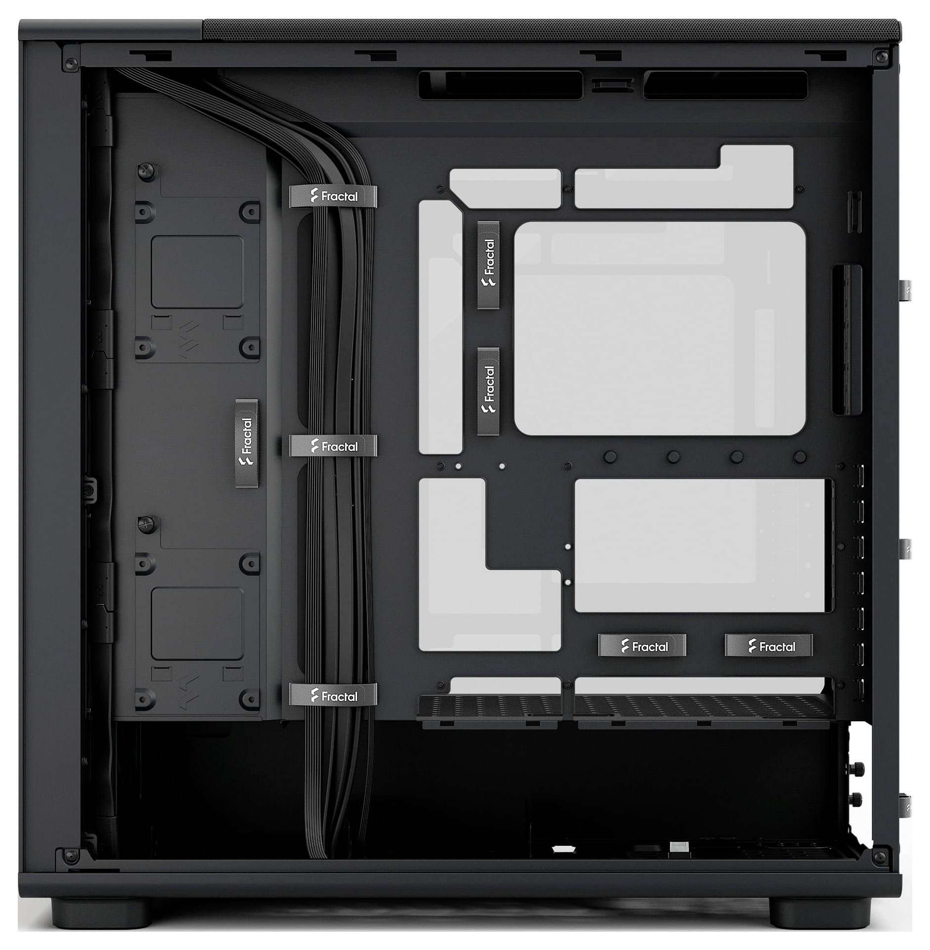 Ein Computer-Gehäuse mittlerer Größe mit leerem Innenraum für Komponenten, sichtbarem Kabelmanagement und Steckplätzen für Festplatten und Lüfter.