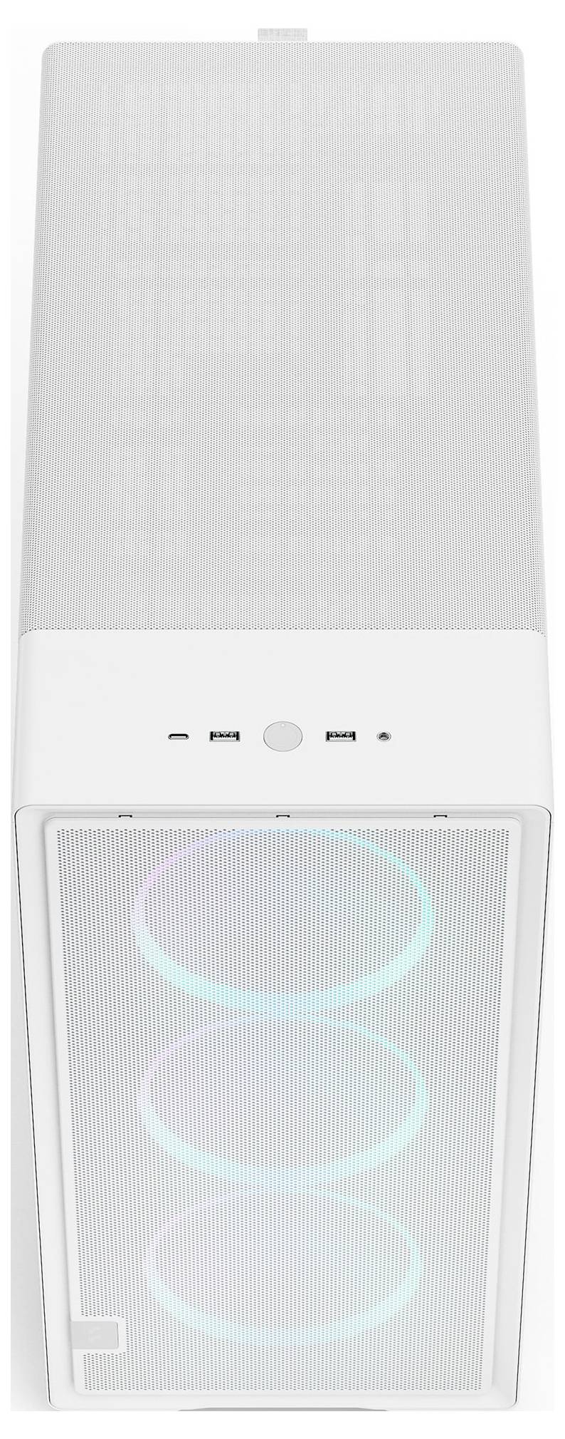 Ein weißer Computer-Turm mit einem Mesh-Frontpanel mit drei RGB-beleuchteten Lüftern.