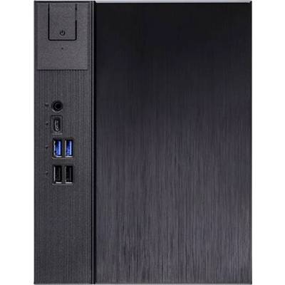 Ein schwarzer Desktop-Computer-Tower mit einem Netzschalter, USB-Anschlüssen und einer Audiobuchse auf der Frontplatte.