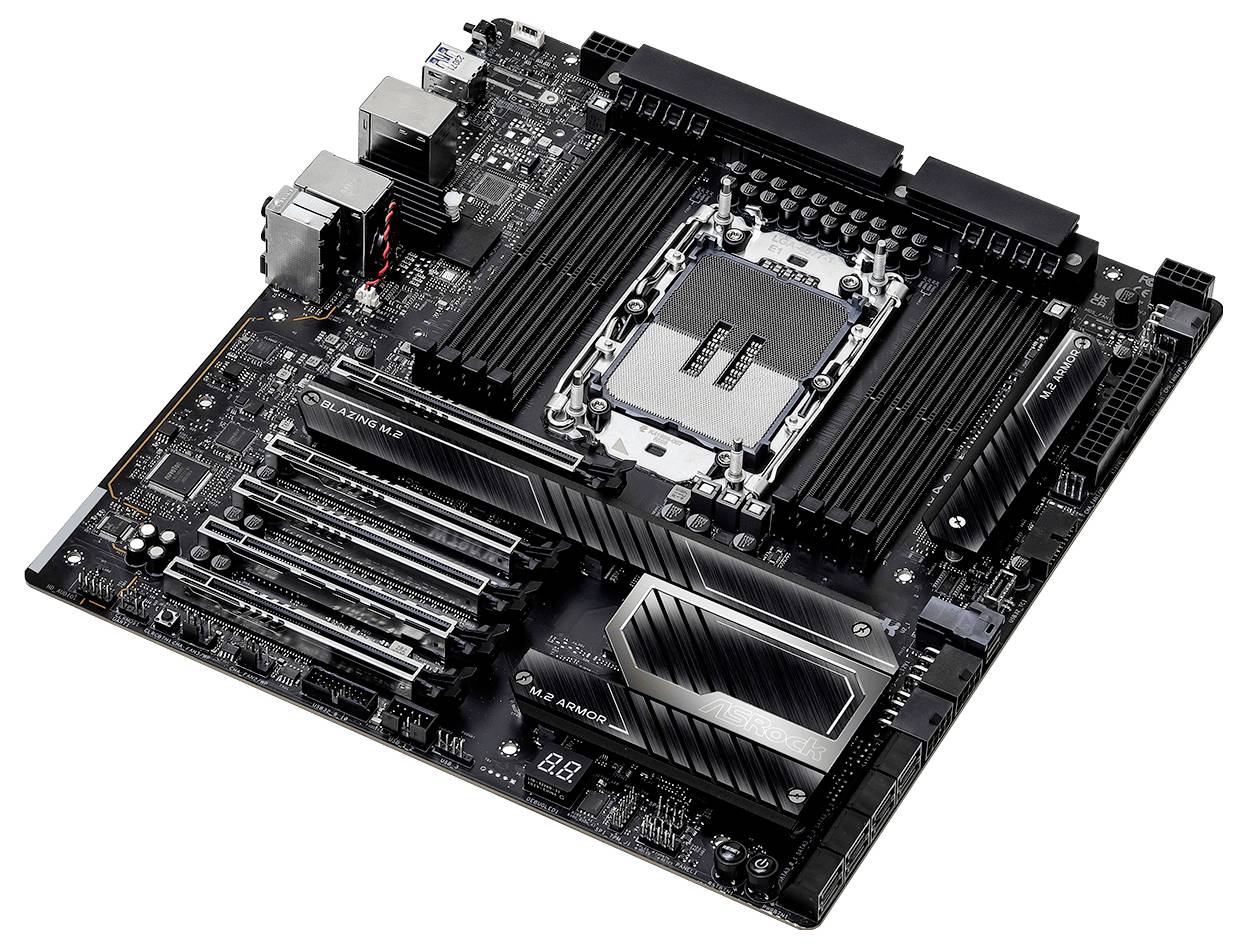 „Bild einer Computermainplatine mit mehreren RAM-Steckplätzen, einer CPU-Fassung, verschiedenen Anschlüssen und Kühlkörpern auf einer dunklen Leiterplatte."