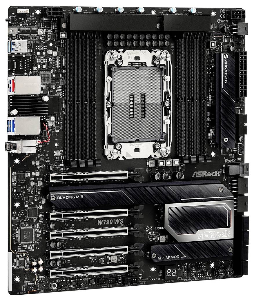 ASRock W790 WS Motherboard mit zahlreichen Slots und Anschlüssen für Konnektivität und Erweiterung, entworfen für High-Performance-Computersysteme.