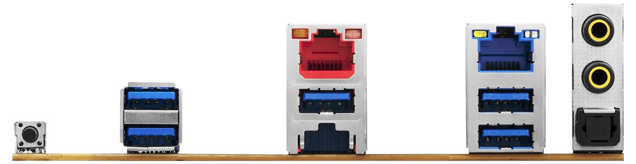 'Rückwandanschlüsse einer Computer-Hauptplatine mit USB-, Ethernet- und Audiobuchsen, die Konnektivitätsoptionen hervorheben.'
