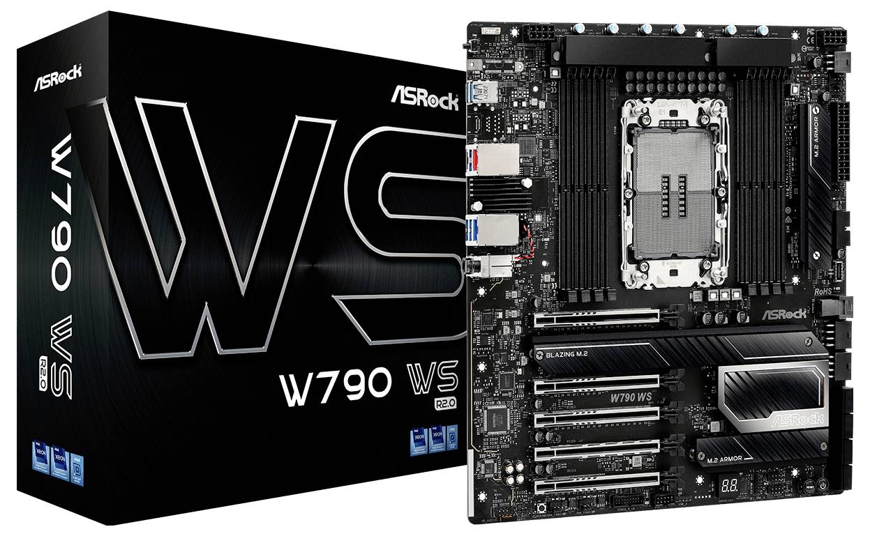 Das Motherboard „ASRock W790 WS" wird zusammen mit der Verpackung gezeigt. Die Platine verfügt über PCIe-Steckplätze, DIMM-Steckplätze und einen CPU-Sockel und hebt sein robustes Design hervor.