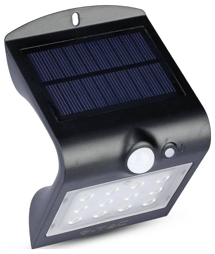 Wandleuchte mit Solarstrom und LED, mit Bewegungsmelder und rechteckigem Solarpanel oben.