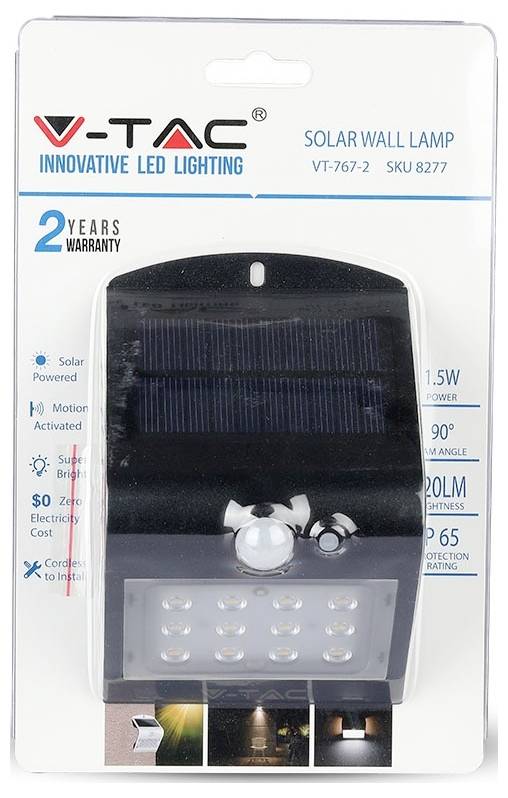 Verpackung für eine 'V-TAC Solarwandleuchte' mit folgenden Highlights:<br><br>2-Jahres-Garantie<br>1,5 W Leistung<br>120 lm Helligkeit<br>90° Reichweite<br>IP65-zertifiziert