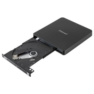 Ein schwarzes externes DVD-Laufwerk mit ausgefahrenem Tablett, das den Disc-Schlitz und den Lasermechanismus zeigt, mit der Marke "Intenso" auf der Oberseite.