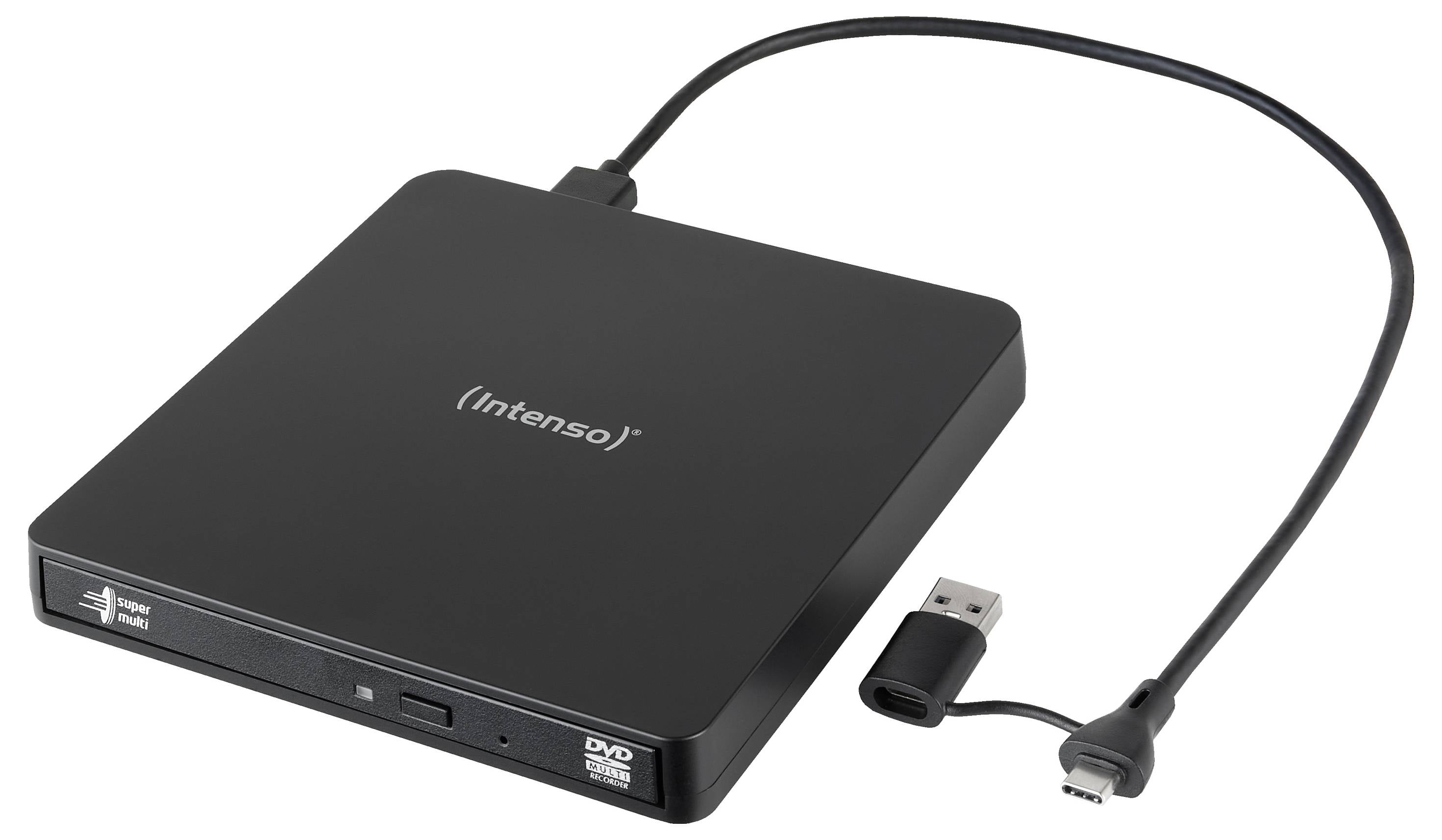Externes DVD-Laufwerk mit USB-Kabel, gekennzeichnet mit "Intenso". Umfasst DVD- und CD-Schreibfähigkeiten.
