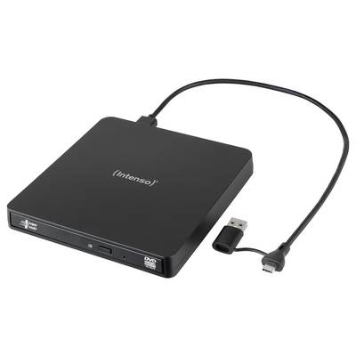 Externes DVD-Laufwerk mit USB-Kabel, gekennzeichnet mit "Intenso". Umfasst DVD- und CD-Schreibfähigkeiten.