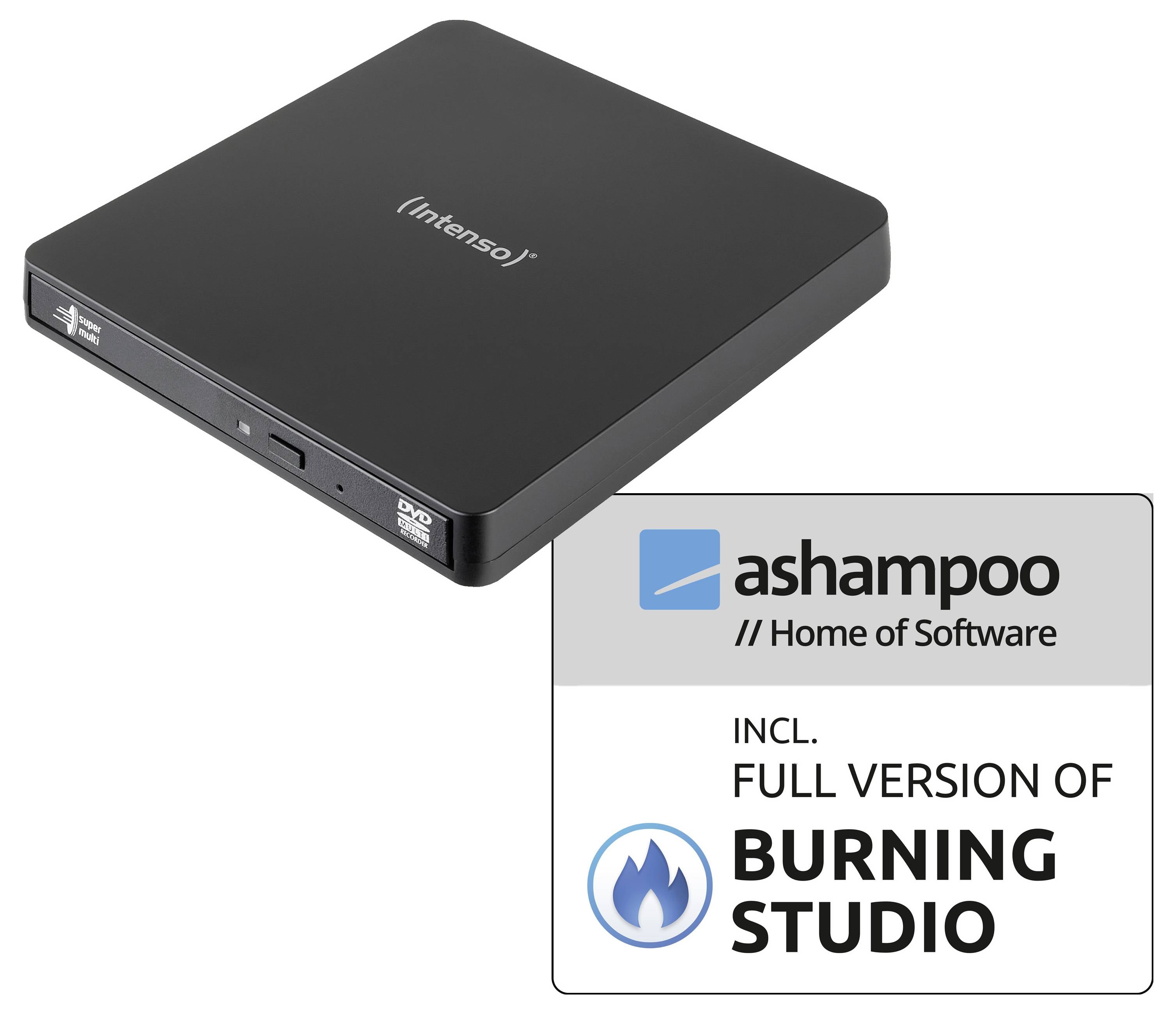 Ein schwarzes externes DVD-Laufwerk mit der Bezeichnung "Intenso" wird gezeigt. Daneben weist ein Kasten darauf hin, dass es die Vollversion von "Ashampoo Burning Studio" enthält.