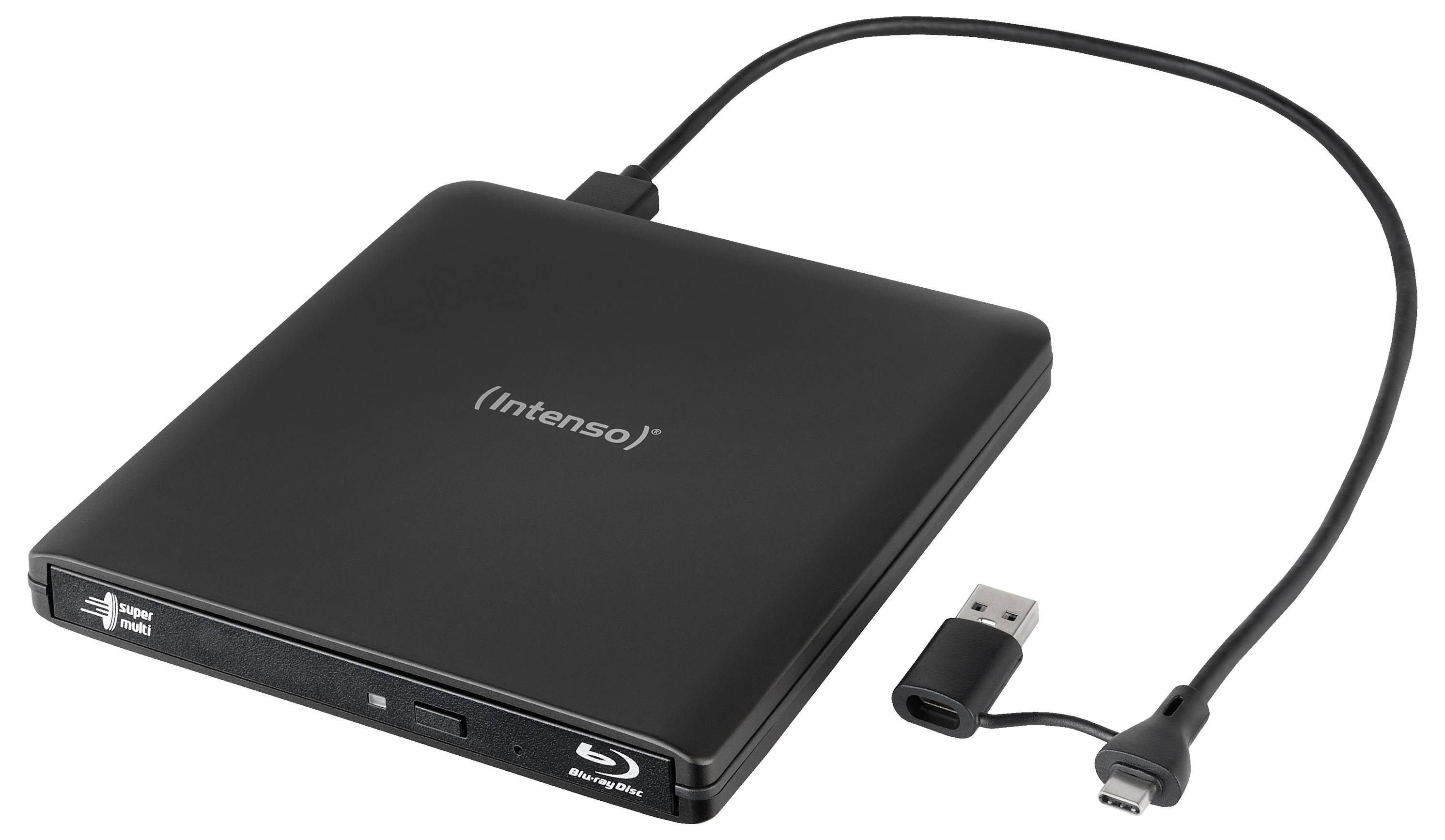 Ein externes Intenso Blu-ray-Laufwerk mit elegantem schwarzem Design, mit USB-Kabel zur Konnektivität, geeignet für Datenspeicherung und Wiedergabe.