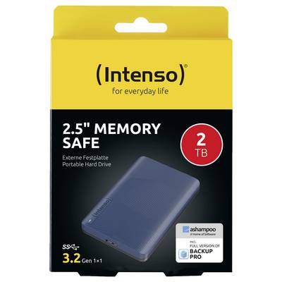 „Intenso 2.5" Memory Safe" externe Festplatte mit Verpackung für 2TB Kapazität, USB 3.2 Gen 1x1 Schnittstelle und Ashampoo-Softwareangebot.