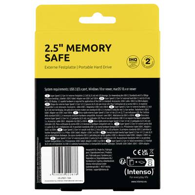 „Gelb verpacktes tragbares Festplattenlaufwerk '2.5" Memory Safe', mit Systemanforderungen, Garantieinformationen und Sicherheitszertifizierungen auf der Rückseite."
