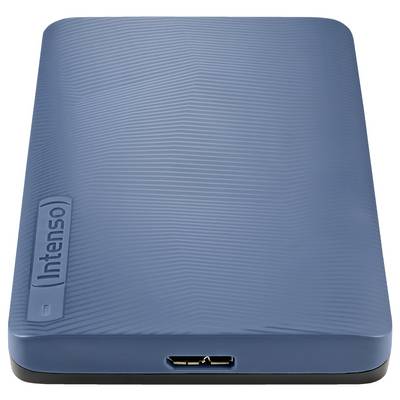 Eine externe Festplatte in Blau mit "Intenso"-Branding, mit einem eleganten, strukturierten Design und einem USB-Anschlussport auf der Unterseite.