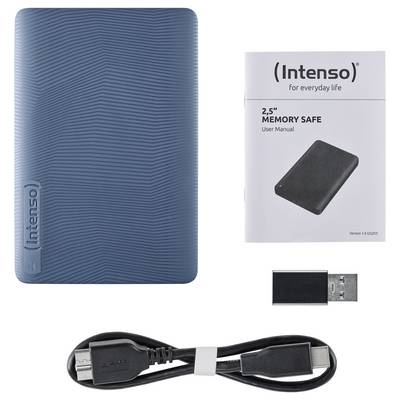 Externe Festplatte 'Intenso' in Blau mit USB 3.0-Kabel, USB-Adapter und Benutzerhandbuch mit dem Titel '2.5" Memory Safe'.