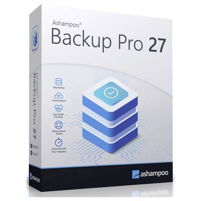 Schachtelbdeckel von "Ashampoo Backup Pro 27"-Software mit Symbolen, die Funktionen wie einfache Sicherung, Cloud-Unterstützung und Festplattengesundheitsüberwachung anzeigen.
