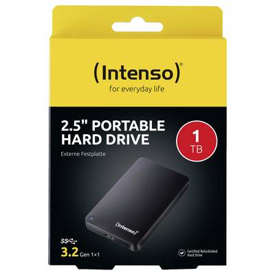 Intenso 2,5-Zoll-Festplatte Verpackung mit einer Kapazität von 1TB, USB 3.2-kompatibel, in einer gelb-schwarzen Schachtel.
