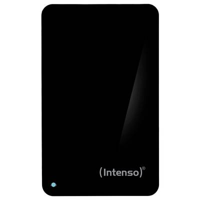 Eine schwarze externe Festplatte mit dem Markennamen „Intenso" darauf, mit minimalistischem Design und einem kleinen blauen Lichtindikator.