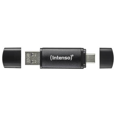 Ein schwarzes Intenso-USB-Laufwerk mit „32GB" auf dem Metallstecker, dargestellt mit abgenommenen Kappen, um die USB-A- und USB-C-Enden zu zeigen.