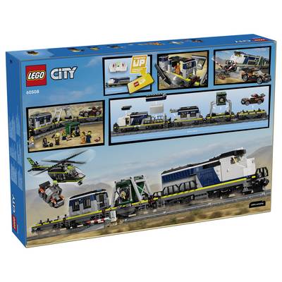 „LEGO City Eisenbahnset-Karton zeigt Hubschrauber, Fracht und Zug auf einer Wüstenlandschaft. Enthält Montageschritte und Funktionen auf der Verpackung."