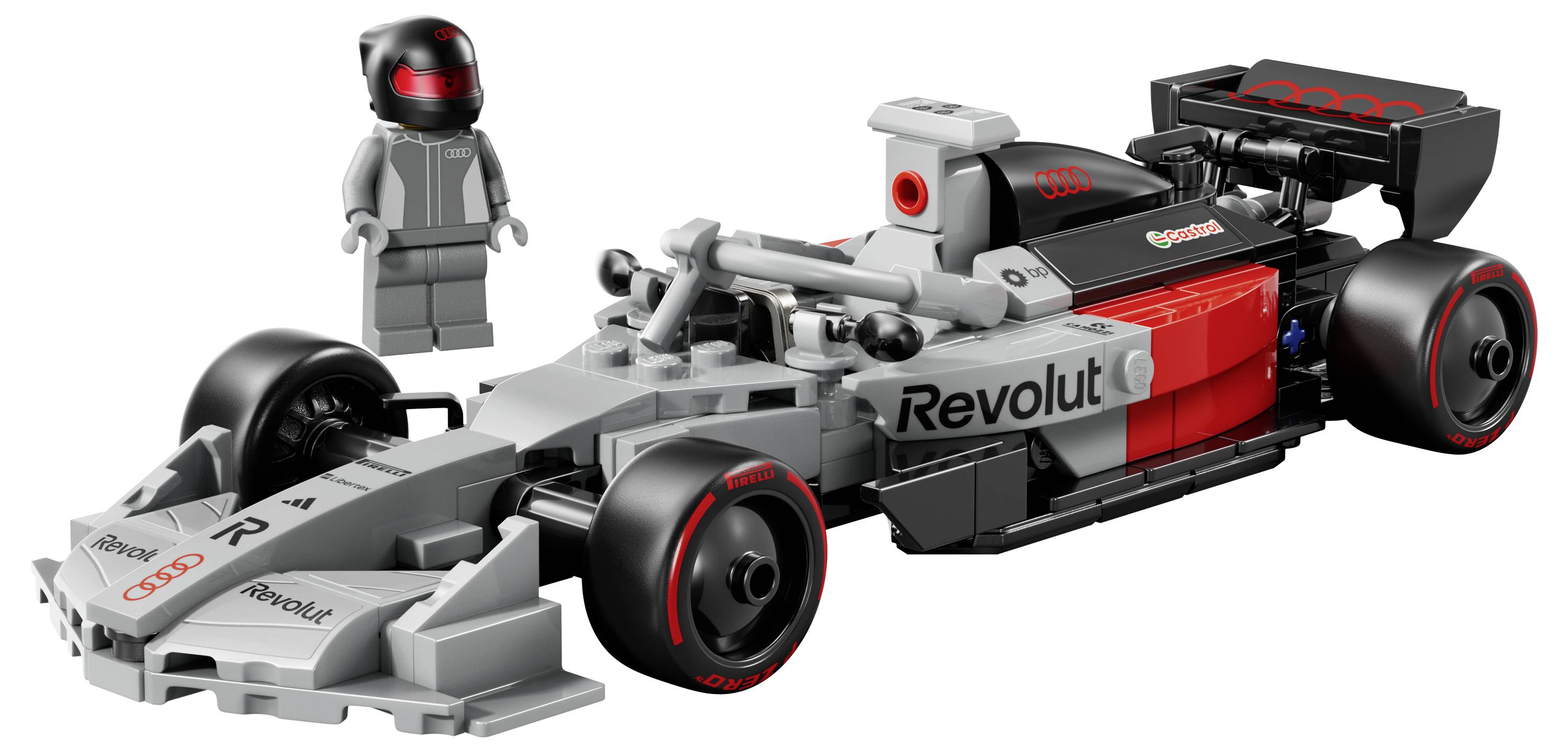 LEGO Formel-1-Rennwagen-Modell mit einer Minifigur im Rennanzug und Helm daneben. Das Auto trägt die Markenbezeichnung "Revolut".