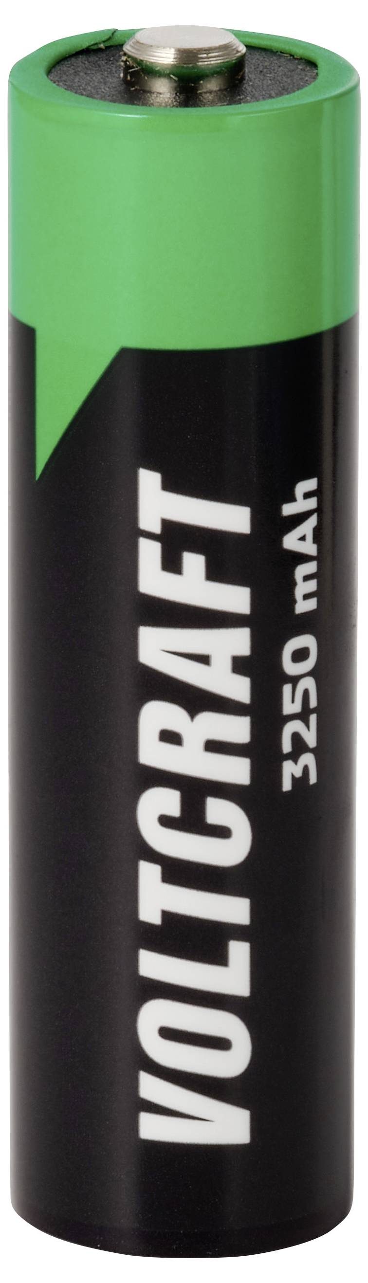 Eine grüne und schwarze AA-Batterie mit der Bezeichnung VOLTCRAFT 3250 mAh.
