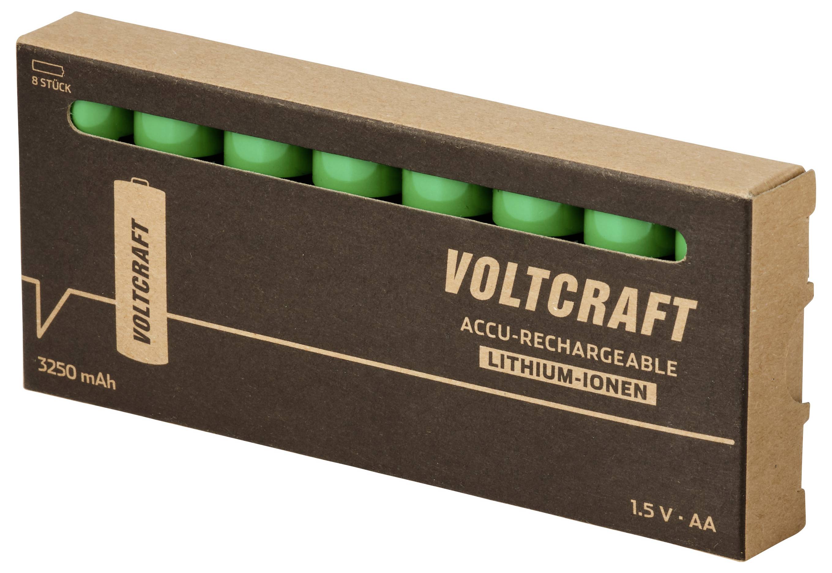 Packung mit acht aufladbaren Voltcraft Lithium-Ionen AA-Batterien, 1,5 V, 3250 mAh, gezeigt in der Verpackung mit grünen Batterien, die durch das Fenster sichtbar sind.