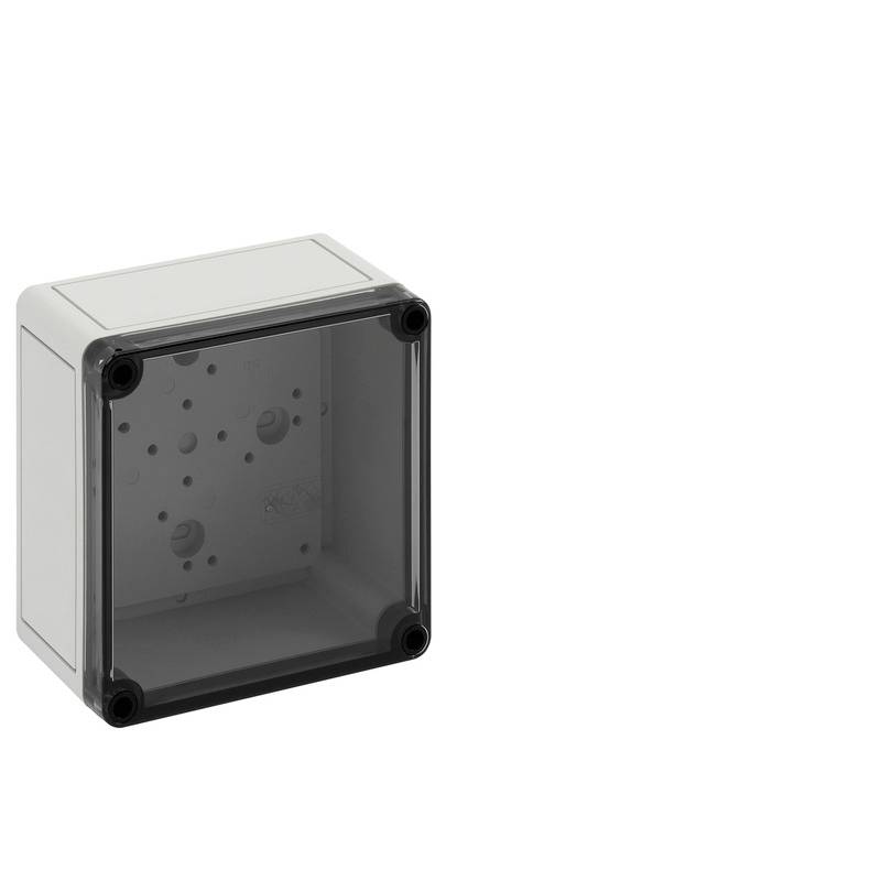 Graues Elektroschrankgehäuse mit dunkel durchsichtigem Frontdeckel und vier Eckschrauben.
