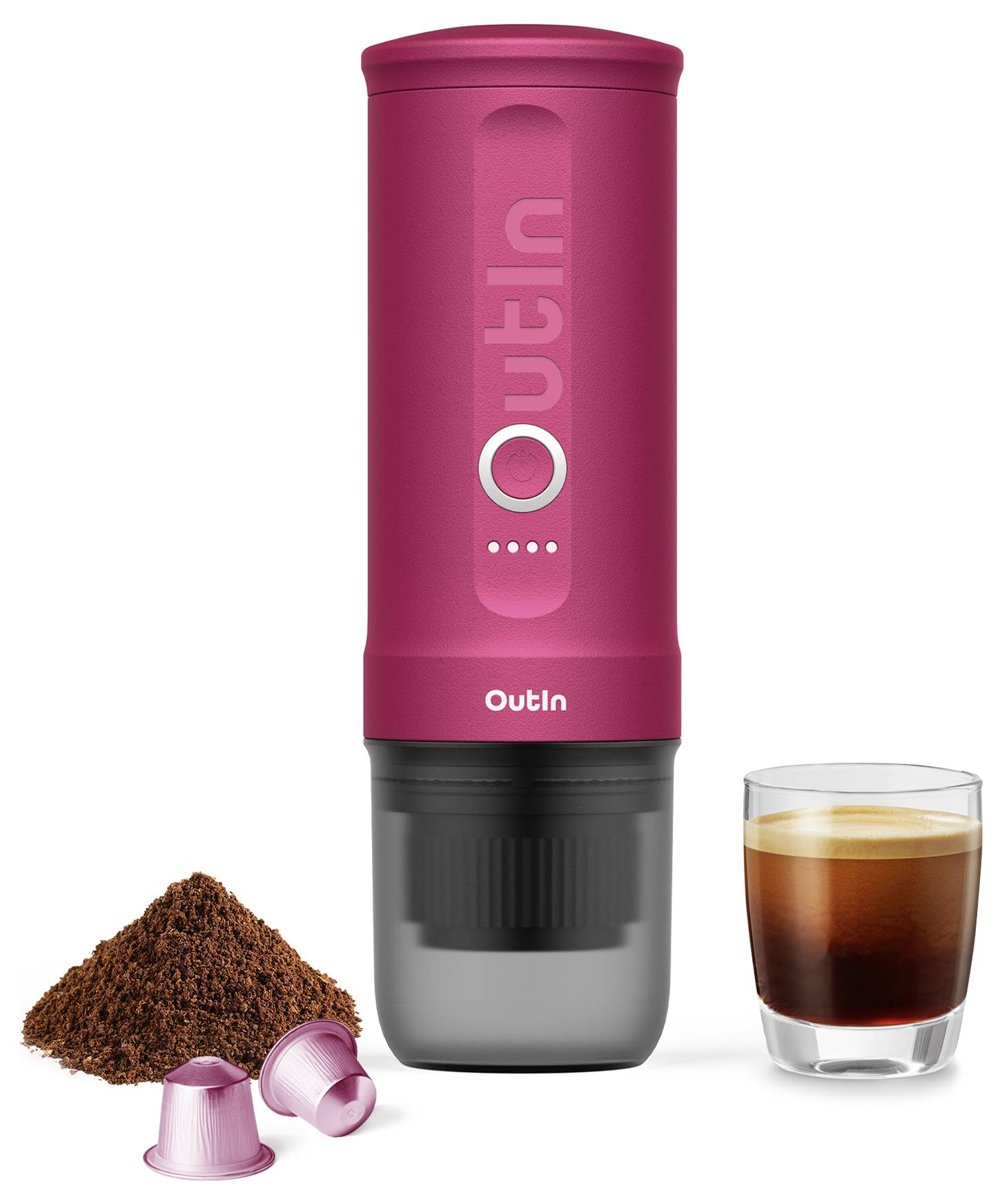 Ein kompakter roter tragbarer Kaffeemaschine mit der Aufschrift "Outin", begleitet von gemahlenenem Kaffee, Kapseln und einem Espresso-Shot in einem Glas.
