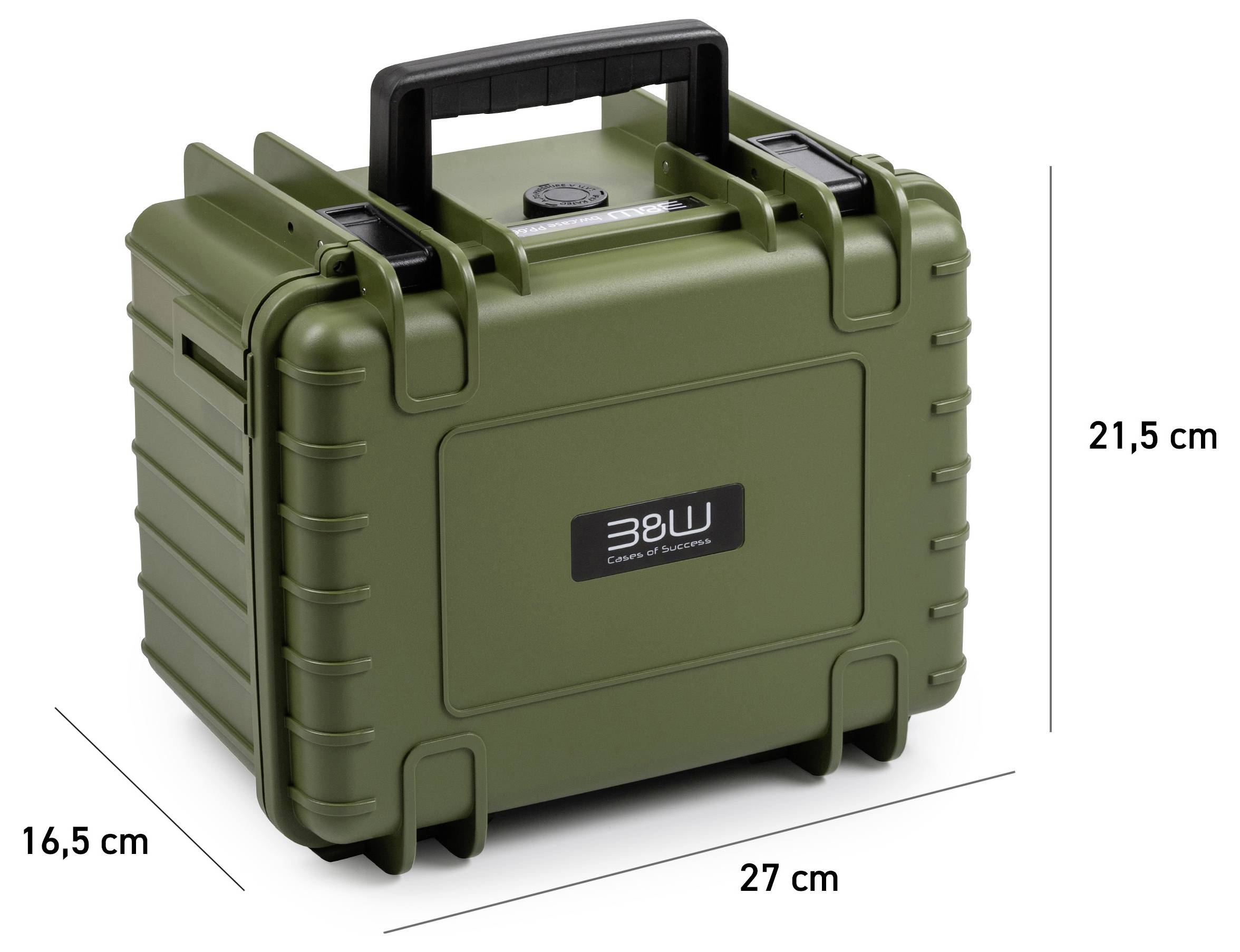 Grüner Hartschalenkoffer mit Griff, mit den Maßen 27 cm breit, 21,5 cm hoch und 16,5 cm tief. Mit einem Etikett '38LW'.