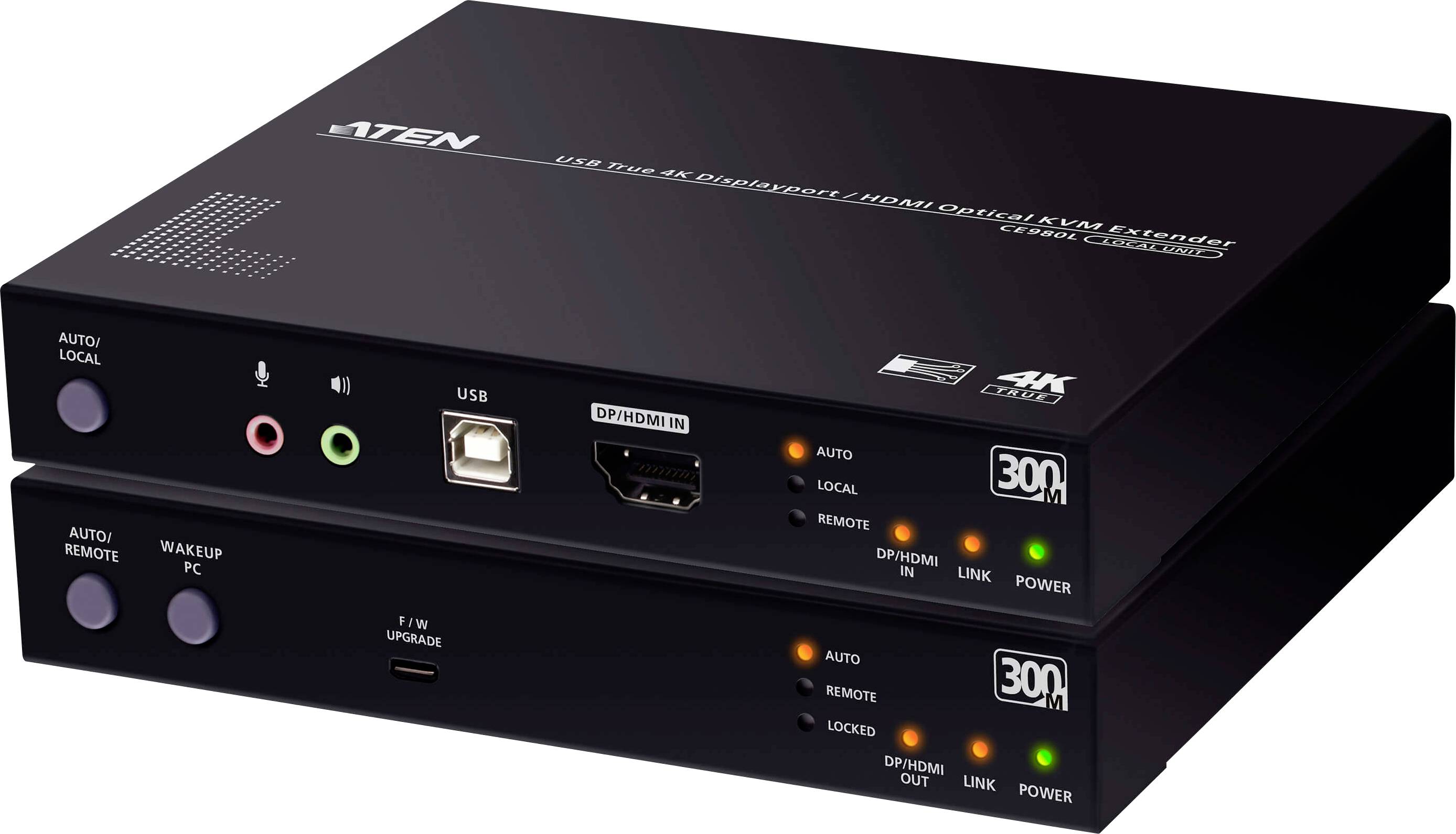 ATEN USB HDMI KVM-Verlängerung mit Anschlussanschlüssen und LED-Anzeigen auf zwei gestapelten Geräten.