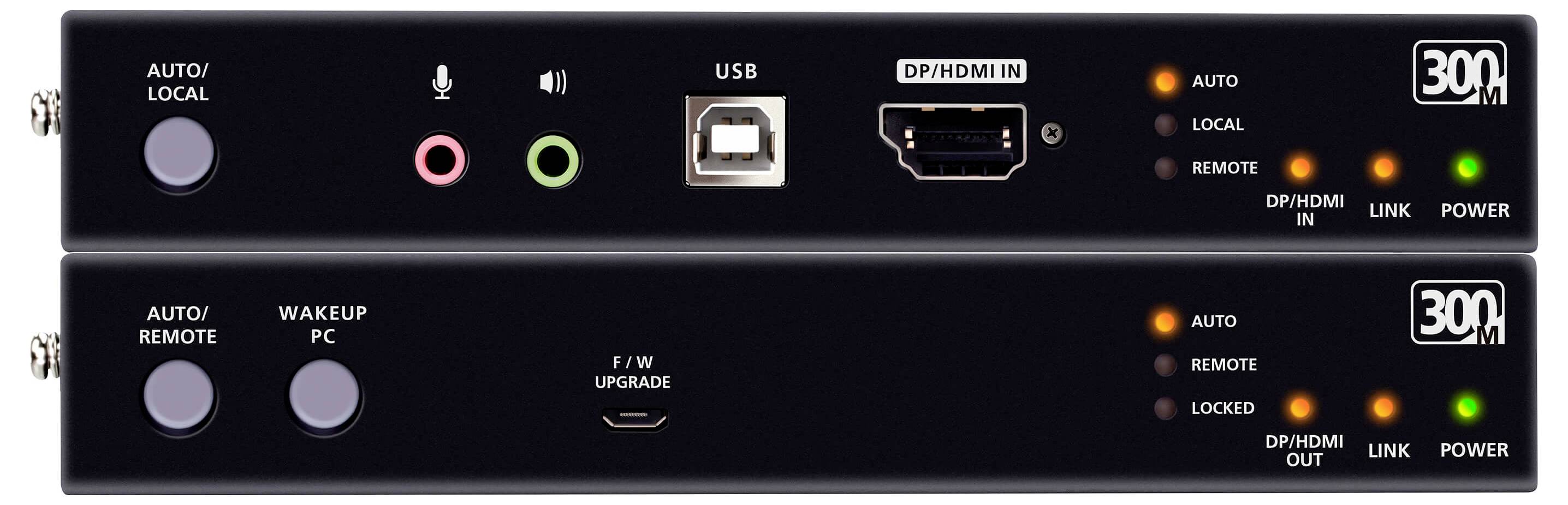 „Zwei schwarze elektronische Geräte mit Audio- und USB-Anschlüssen, beschriftet mit „300M", mit Auto-/Local- und Remote-Schaltern sowie LED-Indikatoren."