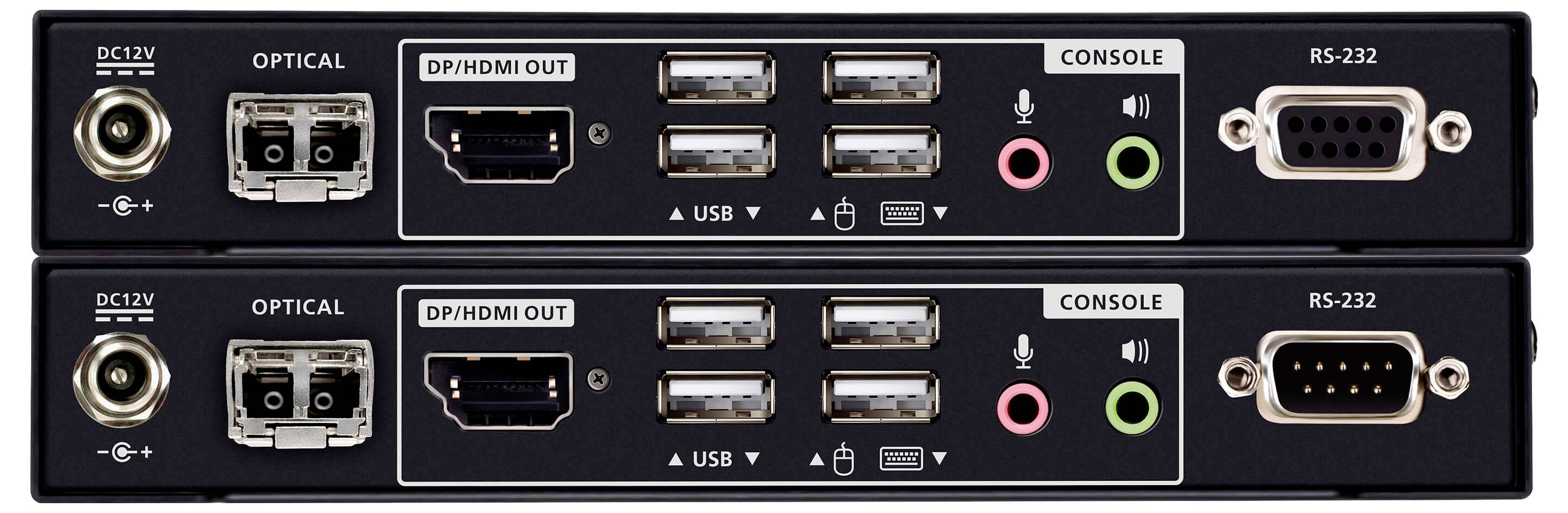 Zwei verbundene elektronische Geräte mit mehreren Ein-/Ausgangsanschlüssen. Jedes verfügt über USB-, HDMI-, optische Anschlüsse, Konsolenbuchsen und RS-232-Stecker.