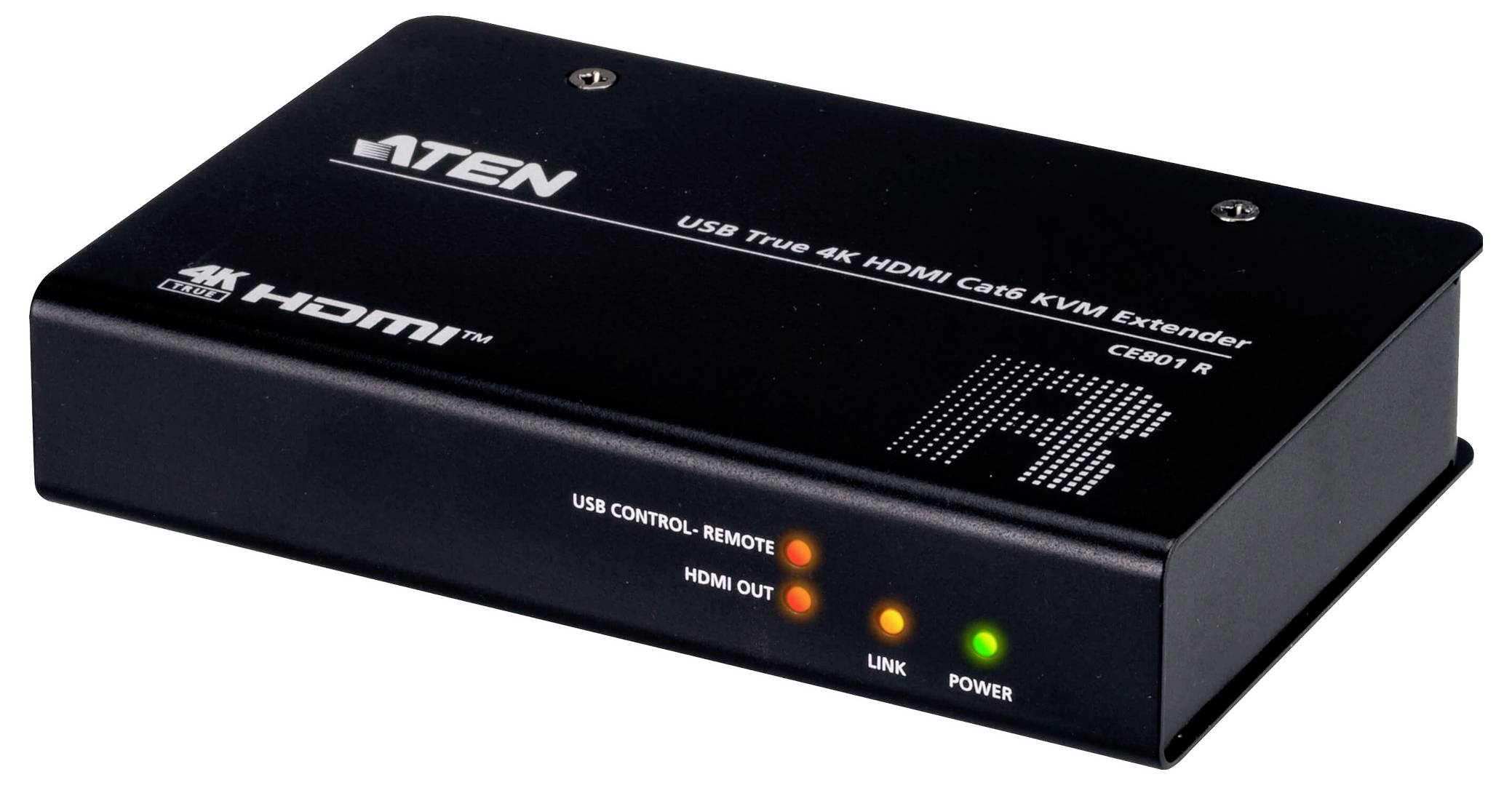 Ein schwarzes HDMI-KVM-Extender-Gerät mit Anschlüssen mit den Bezeichnungen "USB Control Remote" und "HDMI Out". Drei Anzeigelichter mit den Bezeichnungen "Power", "Link", "HDMI Out".