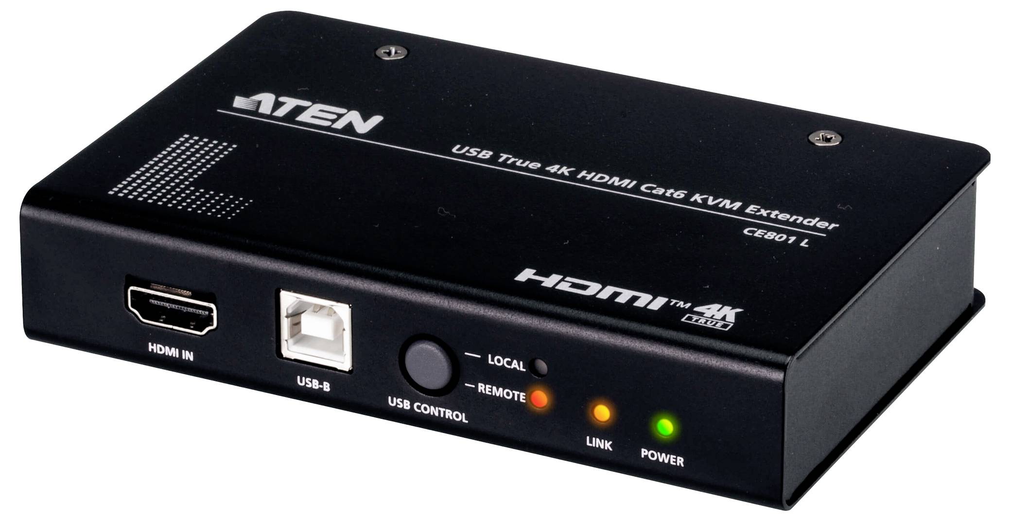 Aten USB True 4K HDMI Cat 5 KVM-Extender, Modell CE 801L, mit HDMI-Eingang, USB-B-Anschlüssen und Anzeigelampen für Verbindung und Stromversorgung.