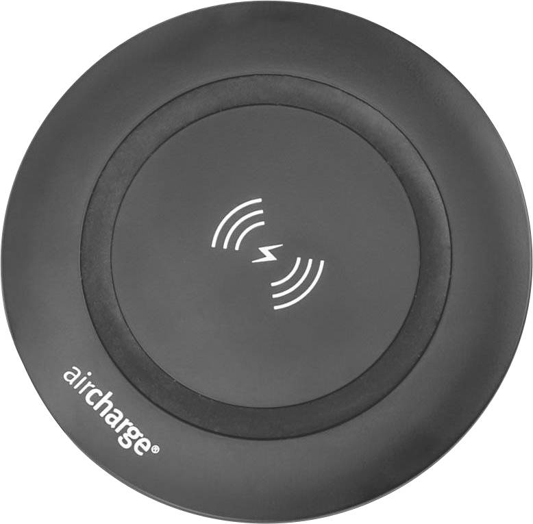 Rundes kabelloses Ladegerät mit dem Logo „aircharge" und einem Symbol für kabelloses Laden in der Mitte.