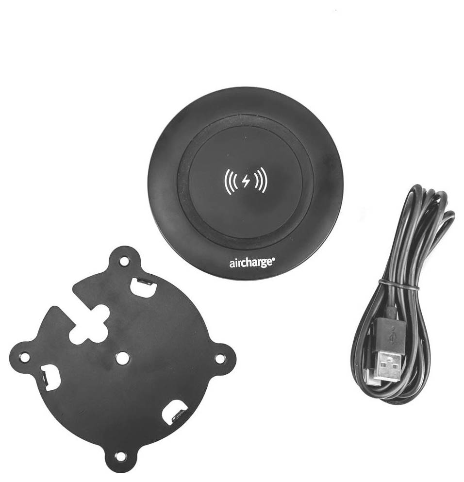 „Aircharge" kabelloses Ladegerät mit USB-Kabel und Montageklammer, entwickelt für praktische Geräte-Ladelösungen.