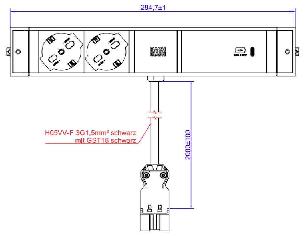 Stromverteilerleiste Diagramm: zwei Steckdosen, Gesamtbreite 284,7 mm, H05VV-F 3G1,5mm² schwarzes Kabel mit GST18 schwarzem Stecker, Länge 2000 mm.
