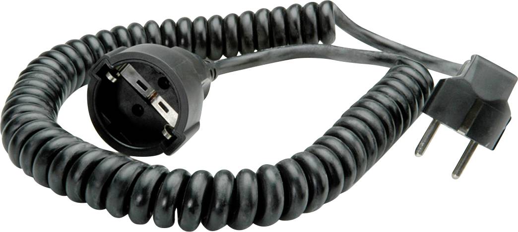 Ein schwarzes aufgerolltes Stromkabel mit europäischem Stecker an einem Ende und einem zweipoligen Anschluss am anderen Ende, entwickelt für elektrische Geräte.
